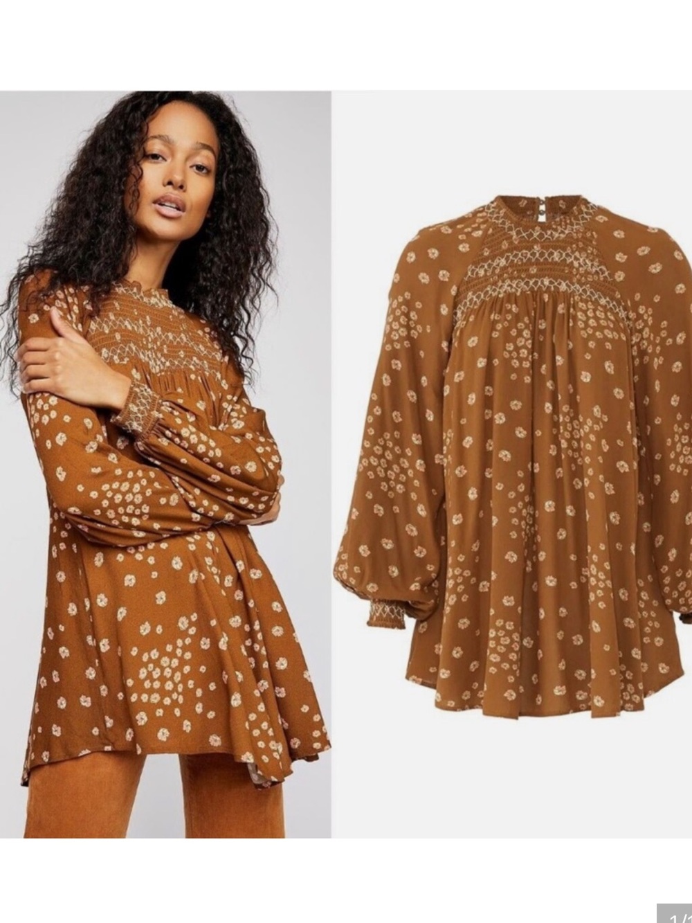 Free People Brown Mini Dress with Cream Floral Print